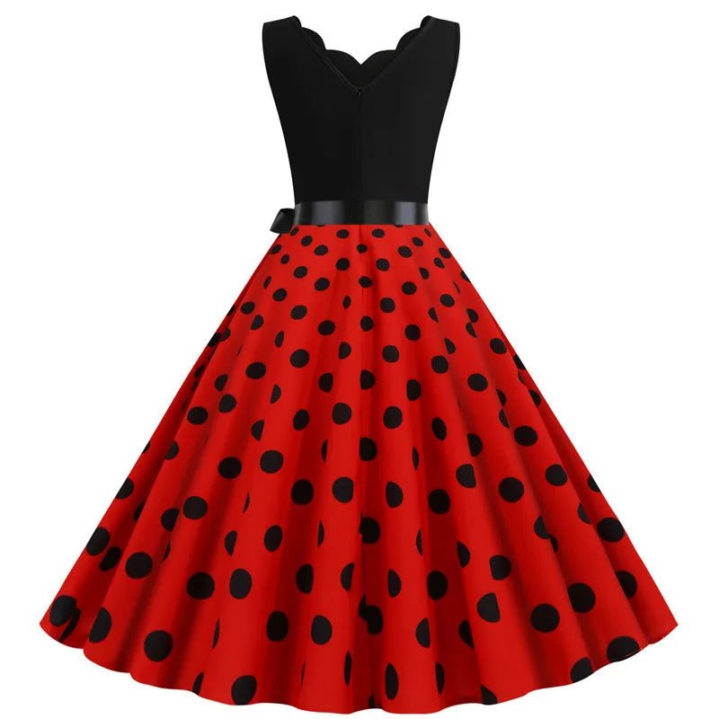 Women Retro Summer Dresses 50s 60s Sleeveless V - neck Polka Dot Bow Ball Grown Party Sundress Robe Vestidos - PratSN