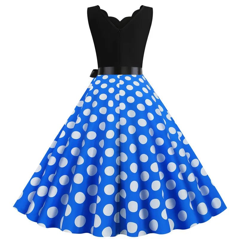 Women Retro Summer Dresses 50s 60s Sleeveless V - neck Polka Dot Bow Ball Grown Party Sundress Robe Vestidos - PratSN