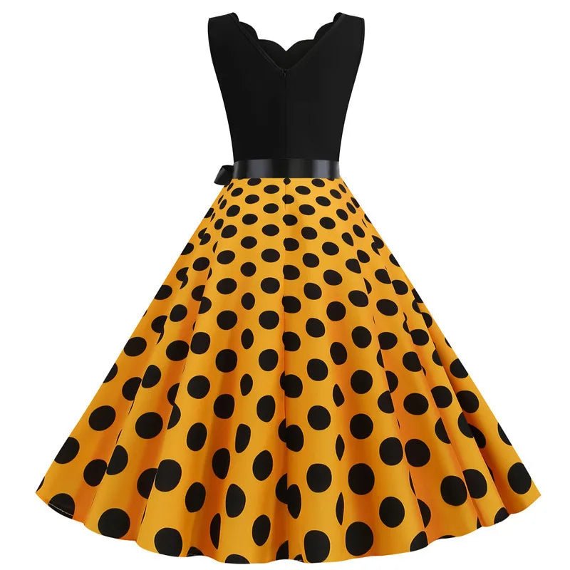 Women Retro Summer Dresses 50s 60s Sleeveless V - neck Polka Dot Bow Ball Grown Party Sundress Robe Vestidos - PratSN