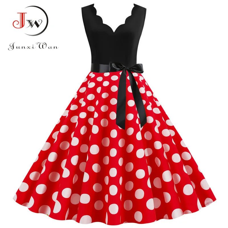 Women Retro Summer Dresses 50s 60s Sleeveless V - neck Polka Dot Bow Ball Grown Party Sundress Robe Vestidos - PratSN
