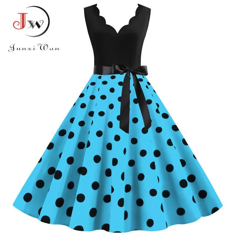 Women Retro Summer Dresses 50s 60s Sleeveless V - neck Polka Dot Bow Ball Grown Party Sundress Robe Vestidos - PratSN