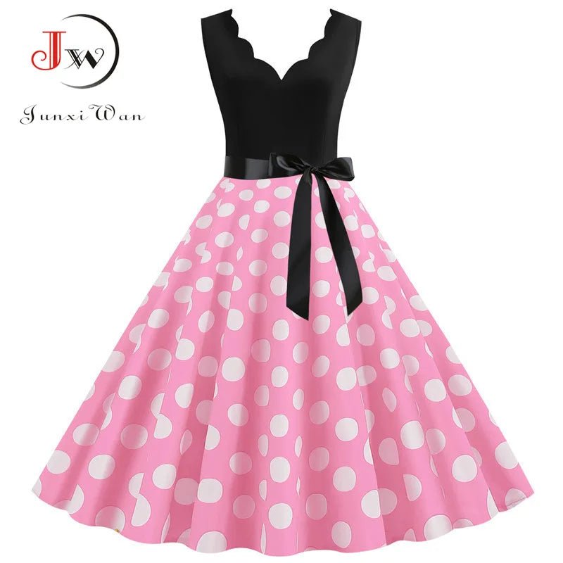 Women Retro Summer Dresses 50s 60s Sleeveless V - neck Polka Dot Bow Ball Grown Party Sundress Robe Vestidos - PratSN
