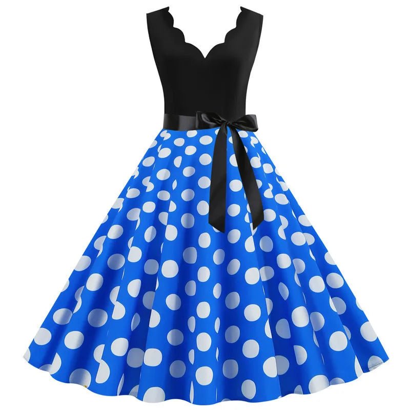 Women Retro Summer Dresses 50s 60s Sleeveless V - neck Polka Dot Bow Ball Grown Party Sundress Robe Vestidos - PratSN