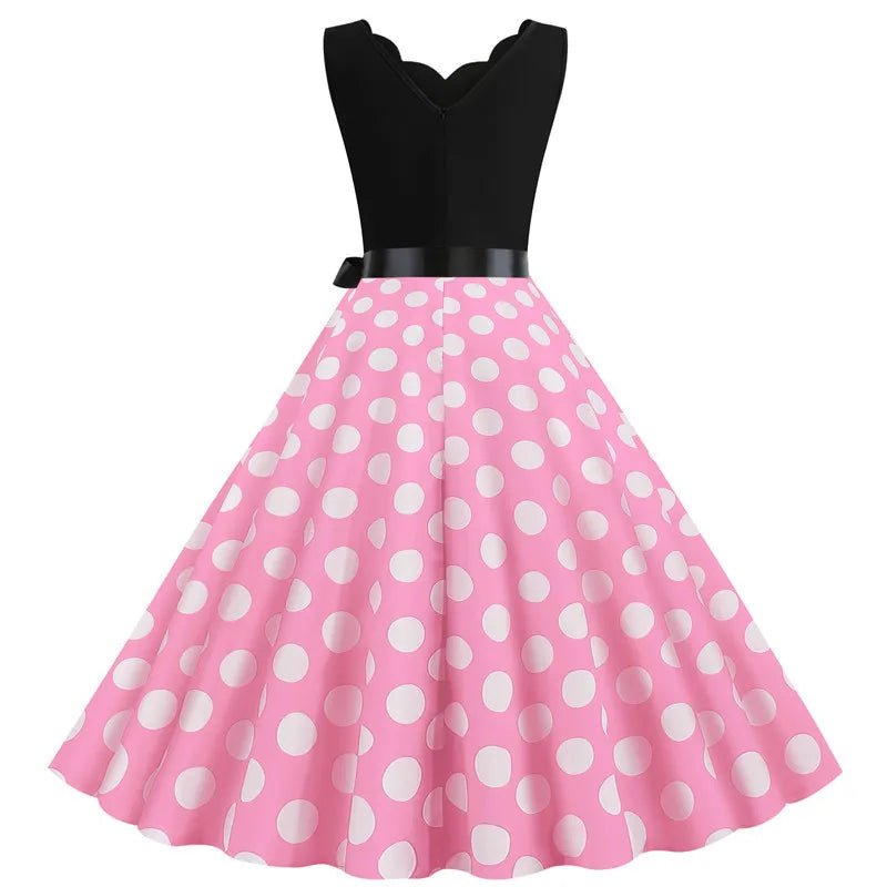 Women Retro Summer Dresses 50s 60s Sleeveless V - neck Polka Dot Bow Ball Grown Party Sundress Robe Vestidos - PratSN