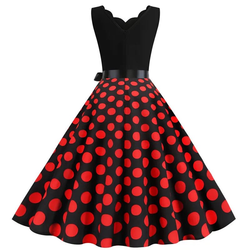 Women Retro Summer Dresses 50s 60s Sleeveless V - neck Polka Dot Bow Ball Grown Party Sundress Robe Vestidos - PratSN