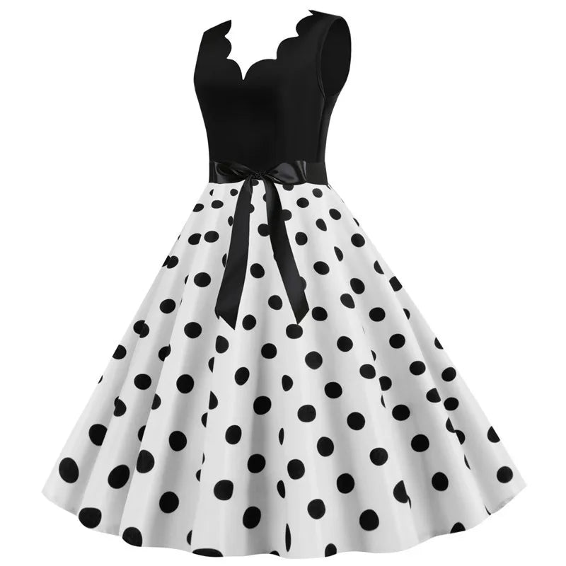 Women Retro Summer Dresses 50s 60s Sleeveless V - neck Polka Dot Bow Ball Grown Party Sundress Robe Vestidos - PratSN