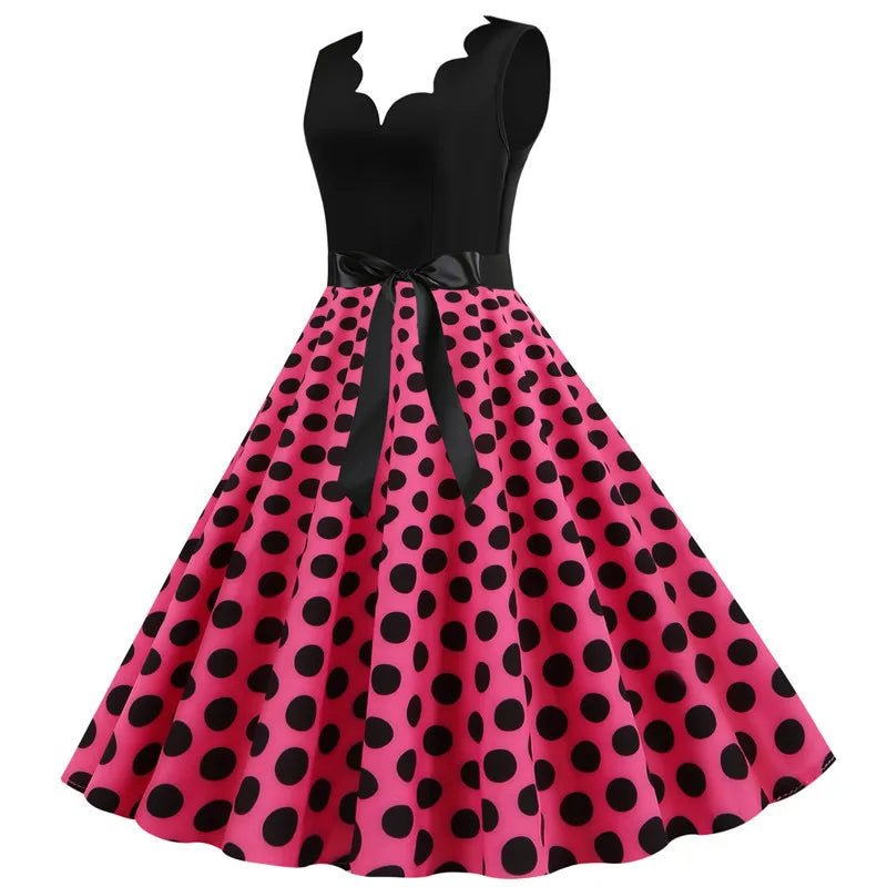 Women Retro Summer Dresses 50s 60s Sleeveless V - neck Polka Dot Bow Ball Grown Party Sundress Robe Vestidos - PratSN