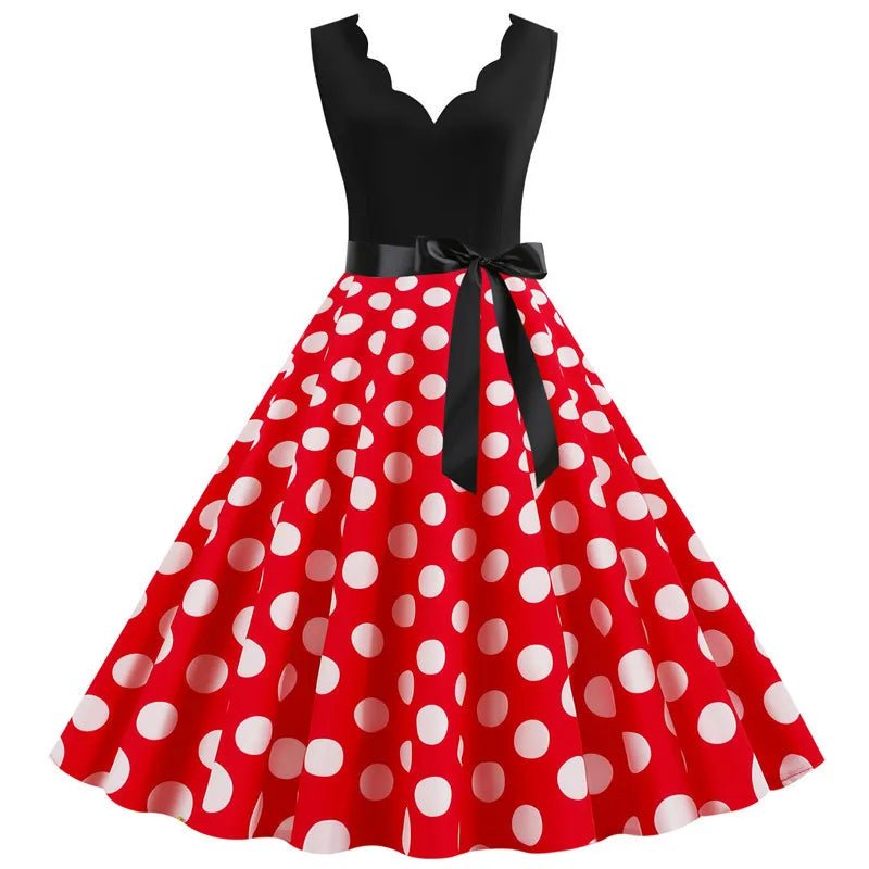 Women Retro Summer Dresses 50s 60s Sleeveless V - neck Polka Dot Bow Ball Grown Party Sundress Robe Vestidos - PratSN