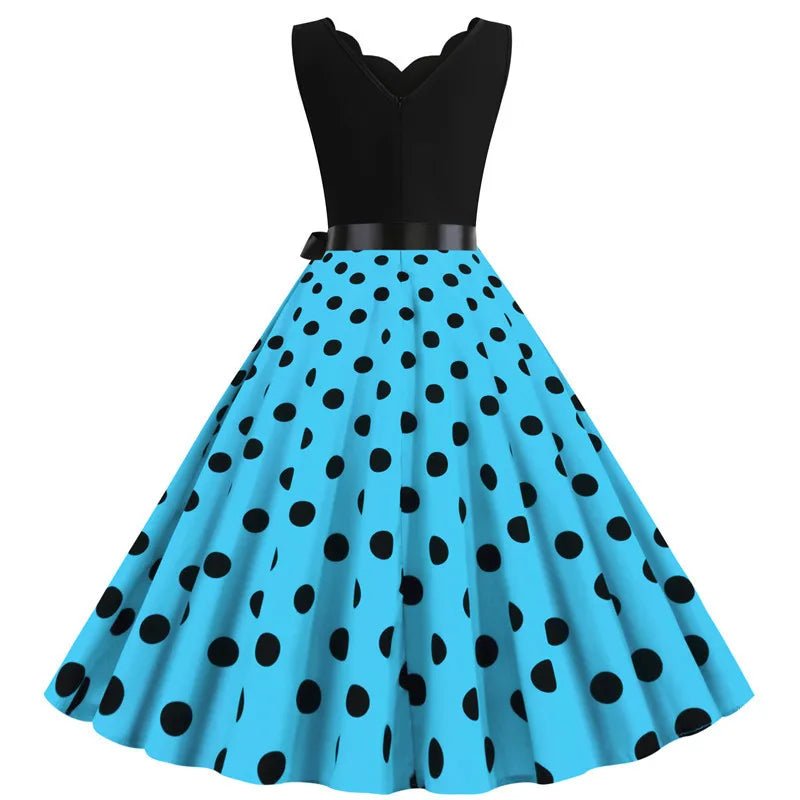 Women Retro Summer Dresses 50s 60s Sleeveless V - neck Polka Dot Bow Ball Grown Party Sundress Robe Vestidos - PratSN