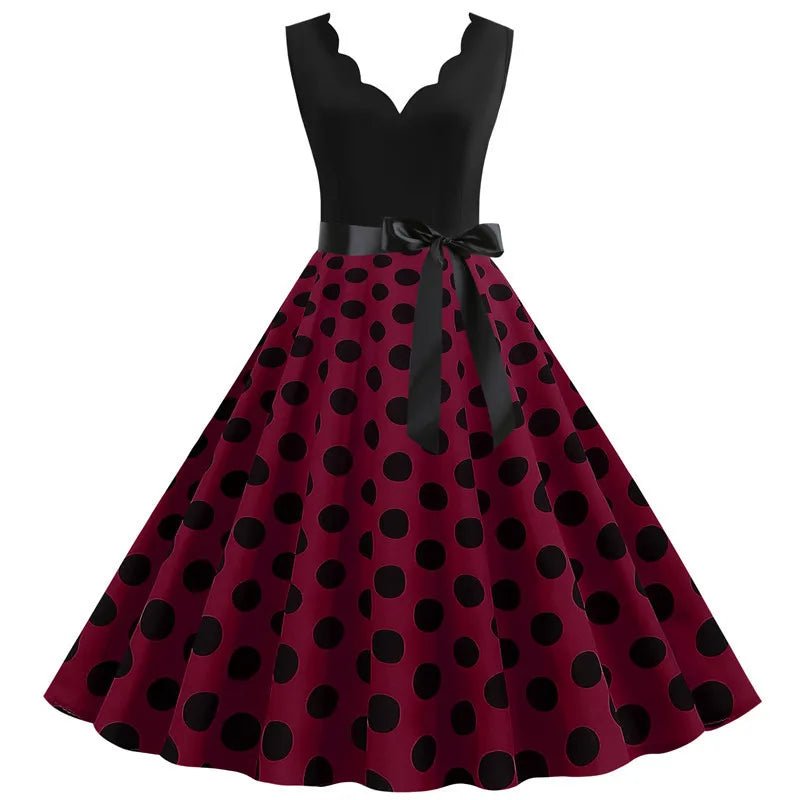 Women Retro Summer Dresses 50s 60s Sleeveless V - neck Polka Dot Bow Ball Grown Party Sundress Robe Vestidos - PratSN