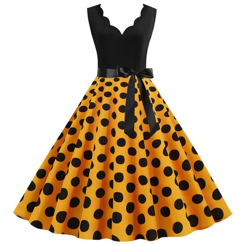 Women Retro Summer Dresses 50s 60s Sleeveless V - neck Polka Dot Bow Ball Grown Party Sundress Robe Vestidos - PratSN