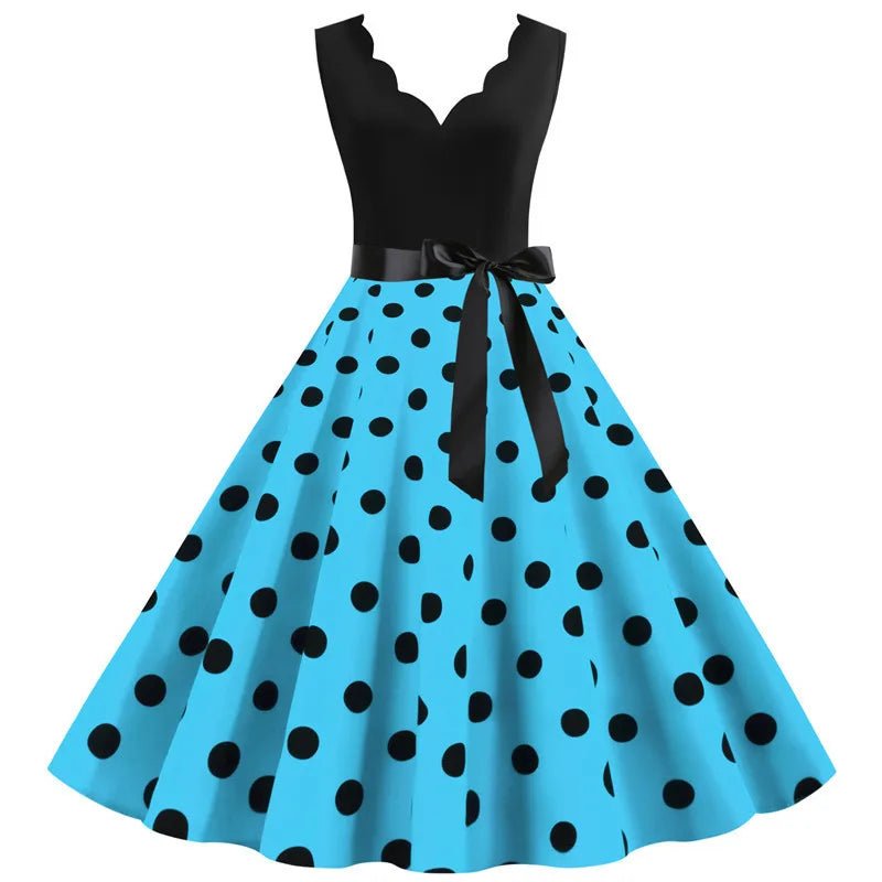 Women Retro Summer Dresses 50s 60s Sleeveless V - neck Polka Dot Bow Ball Grown Party Sundress Robe Vestidos - PratSN