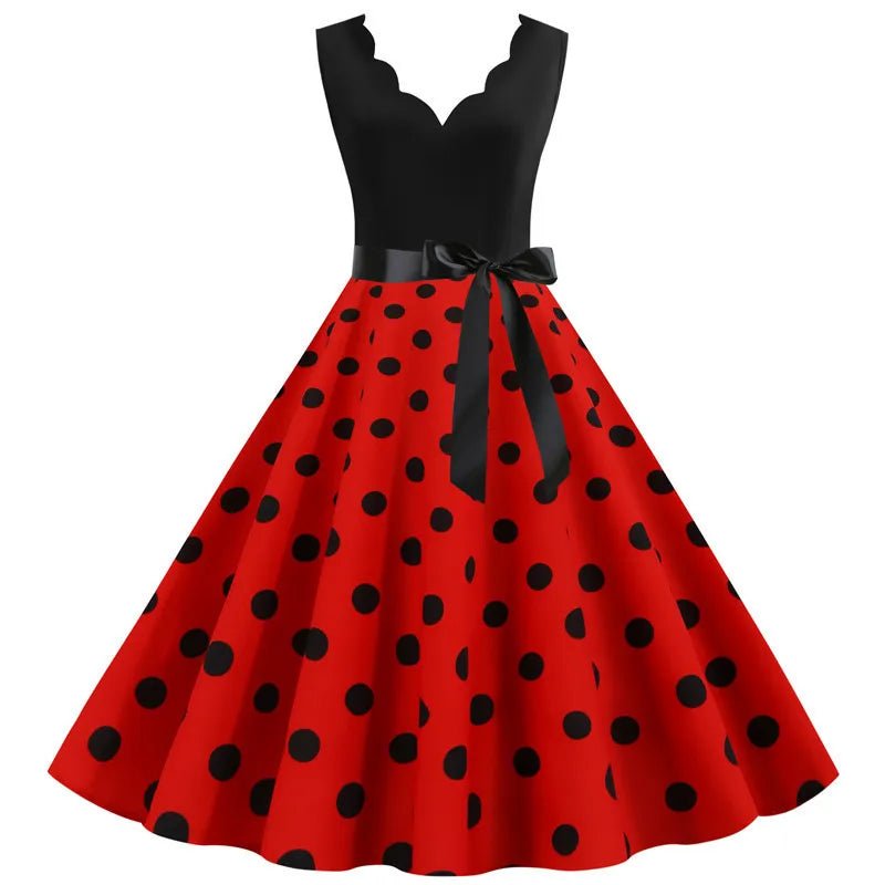 Women Retro Summer Dresses 50s 60s Sleeveless V - neck Polka Dot Bow Ball Grown Party Sundress Robe Vestidos - PratSN