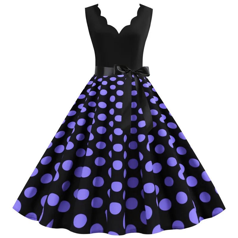 Women Retro Summer Dresses 50s 60s Sleeveless V - neck Polka Dot Bow Ball Grown Party Sundress Robe Vestidos - PratSN