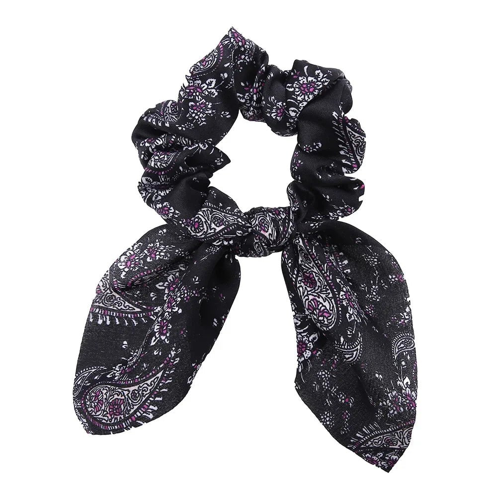 Women Silk Scrunchies Elastic Hair Ties Rabbit Ears Floral Leopard Print Hair Band Ponytail Hair Ropes Girls Accessories - PratSN