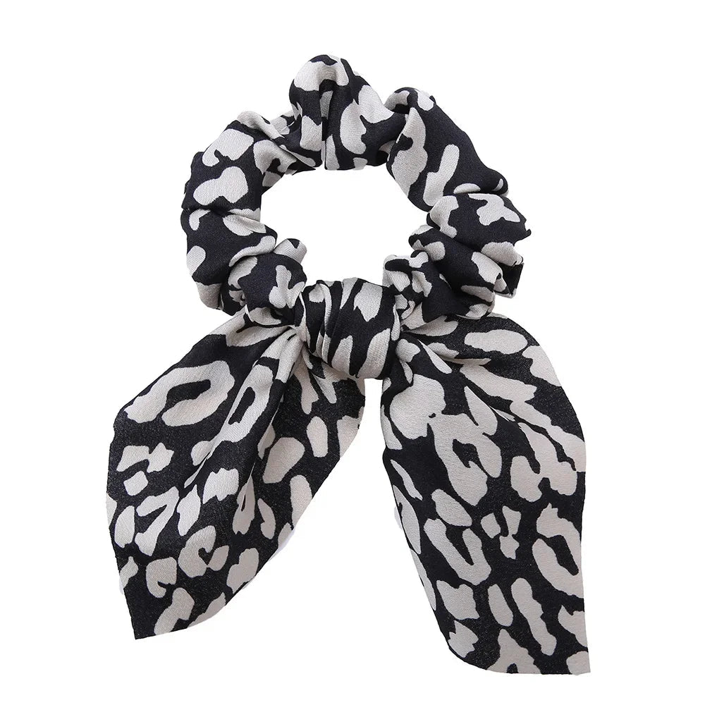 Women Silk Scrunchies Elastic Hair Ties Rabbit Ears Floral Leopard Print Hair Band Ponytail Hair Ropes Girls Accessories - PratSN