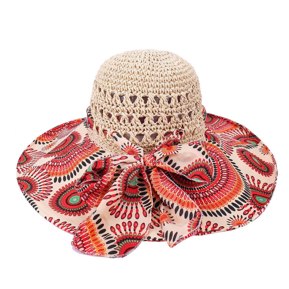 Women Spring Summer Wide Brim Folding Straw Hat for Beach Holiday Lady Bohemian Style Flower Sun Protection Cap with Bow Tie New - PratSN