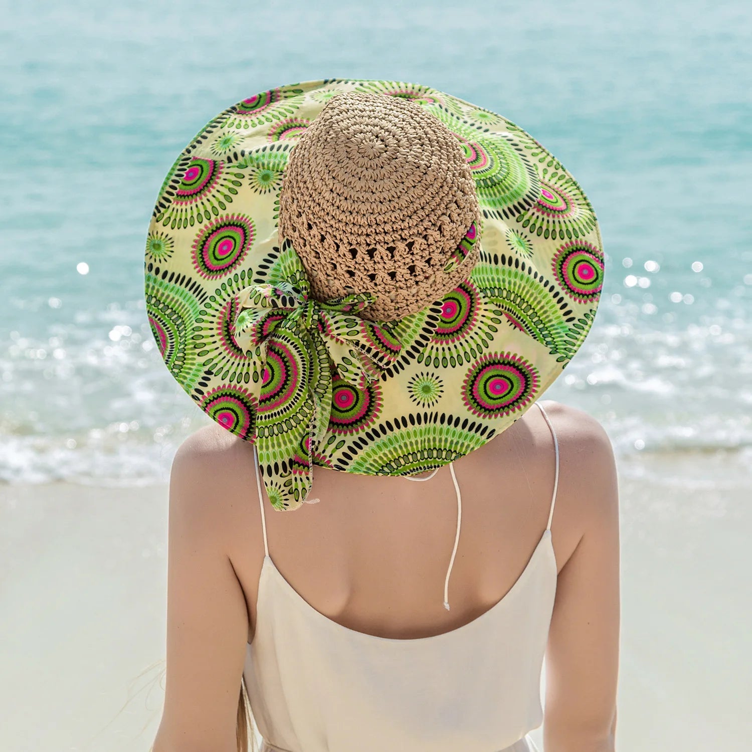 Women Spring Summer Wide Brim Folding Straw Hat for Beach Holiday Lady Bohemian Style Flower Sun Protection Cap with Bow Tie New - PratSN