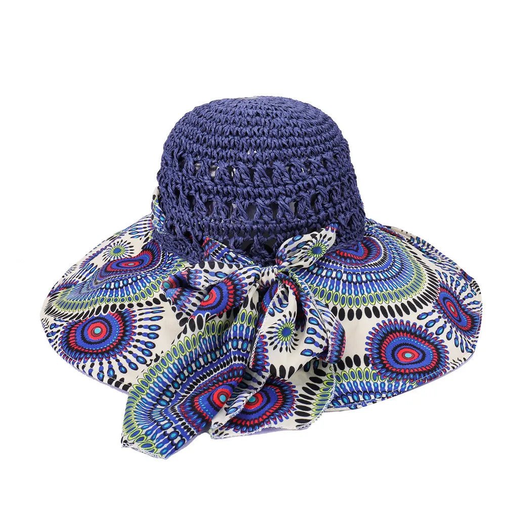 Women Spring Summer Wide Brim Folding Straw Hat for Beach Holiday Lady Bohemian Style Flower Sun Protection Cap with Bow Tie New - PratSN