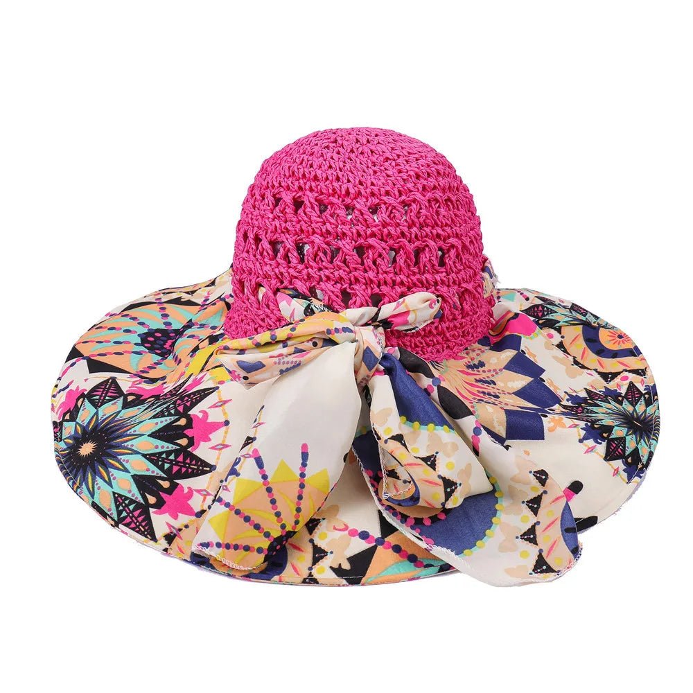 Women Spring Summer Wide Brim Folding Straw Hat for Beach Holiday Lady Bohemian Style Flower Sun Protection Cap with Bow Tie New - PratSN
