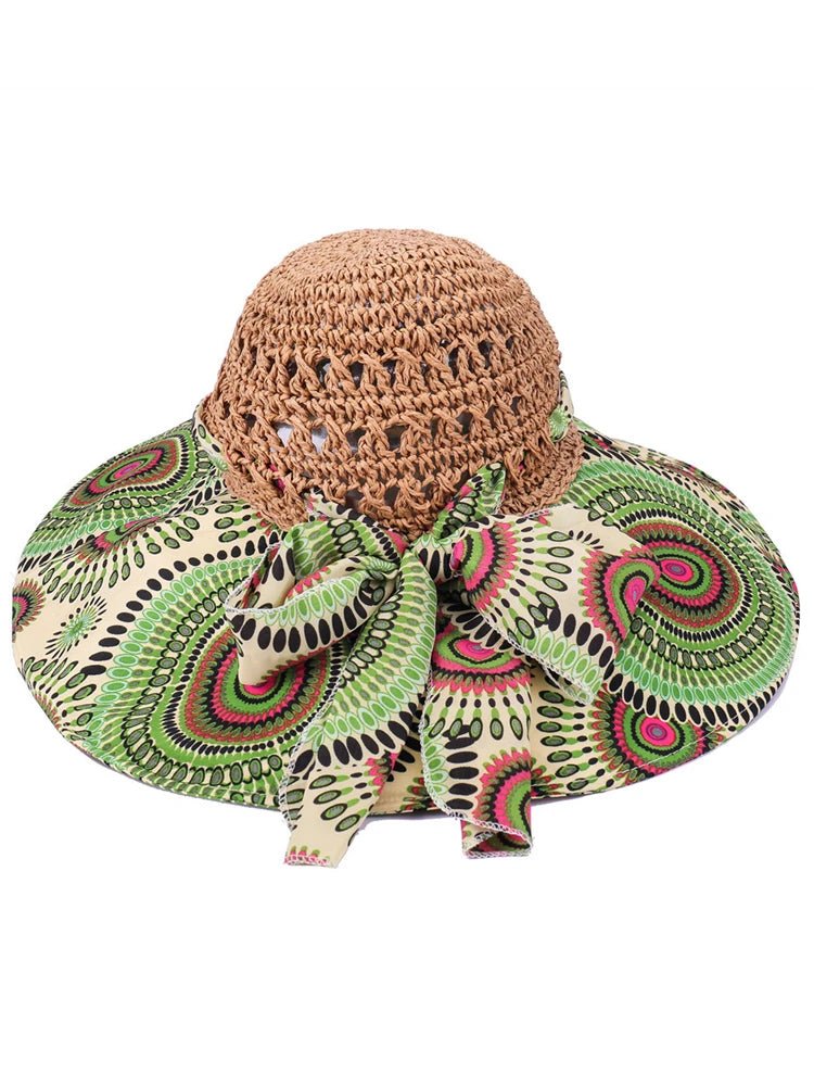 Women Spring Summer Wide Brim Folding Straw Hat for Beach Holiday Lady Bohemian Style Flower Sun Protection Cap with Bow Tie New - PratSN
