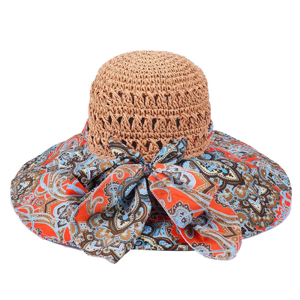 Women Spring Summer Wide Brim Folding Straw Hat for Beach Holiday Lady Bohemian Style Flower Sun Protection Cap with Bow Tie New - PratSN