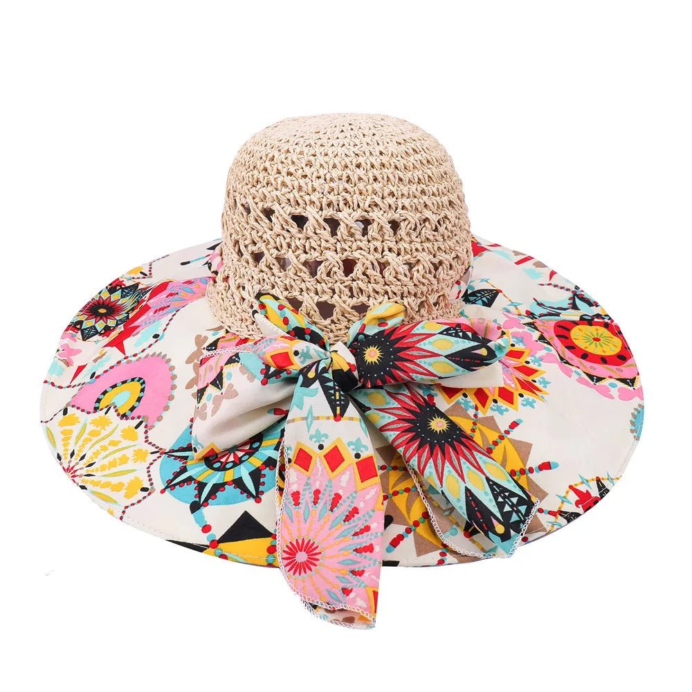 Women Spring Summer Wide Brim Folding Straw Hat for Beach Holiday Lady Bohemian Style Flower Sun Protection Cap with Bow Tie New - PratSN
