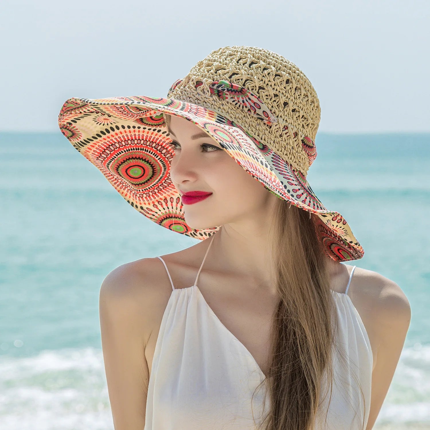 Women Spring Summer Wide Brim Folding Straw Hat for Beach Holiday Lady Bohemian Style Flower Sun Protection Cap with Bow Tie New - PratSN