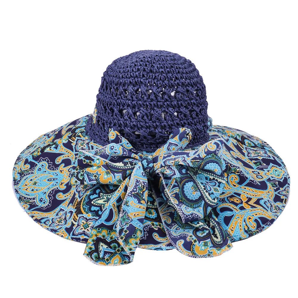Women Spring Summer Wide Brim Folding Straw Hat for Beach Holiday Lady Bohemian Style Flower Sun Protection Cap with Bow Tie New - PratSN