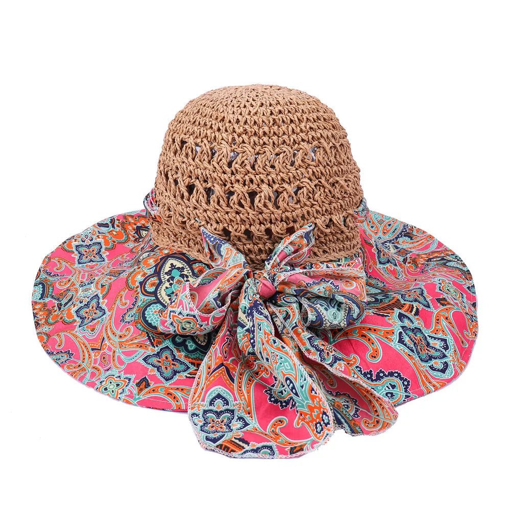 Women Spring Summer Wide Brim Folding Straw Hat for Beach Holiday Lady Bohemian Style Flower Sun Protection Cap with Bow Tie New - PratSN