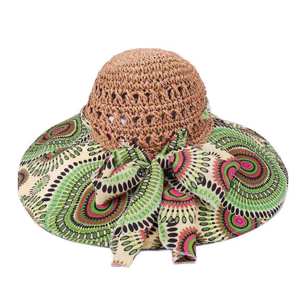 Women Spring Summer Wide Brim Folding Straw Hat for Beach Holiday Lady Bohemian Style Flower Sun Protection Cap with Bow Tie New - PratSN