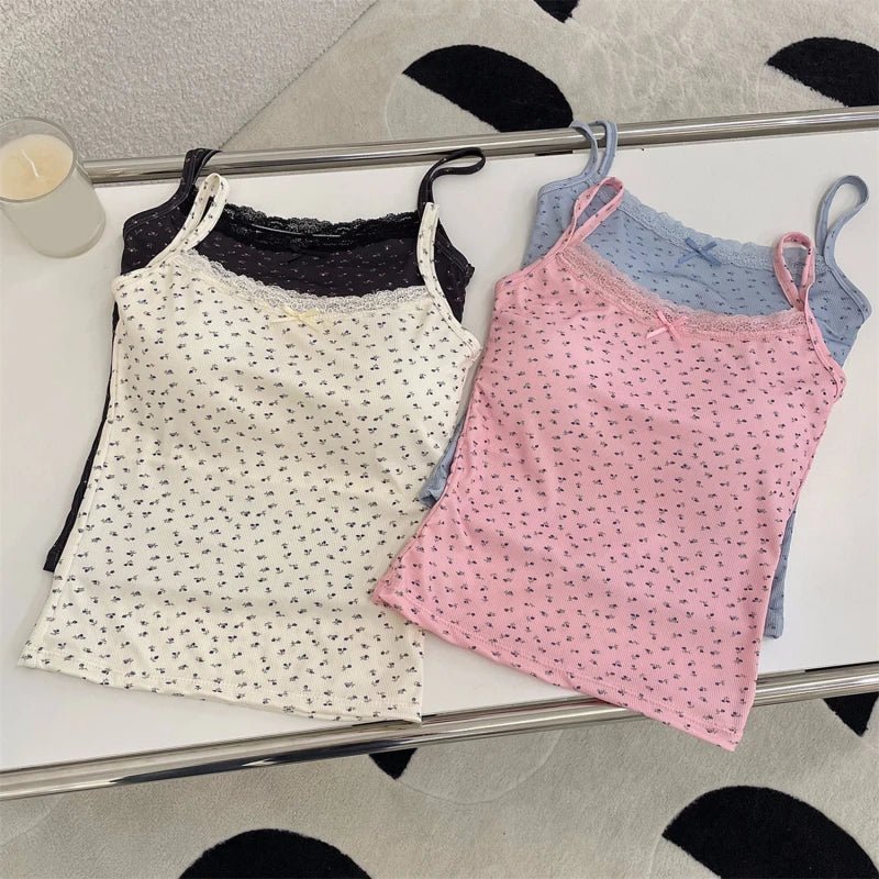 Women Summer Casual Sleeveless Ice Silk Bra Tops Floral Bow Knot Tops With Pad Sweet Lace Vest With Chest Cushion T Shirts 2024 - PratSN