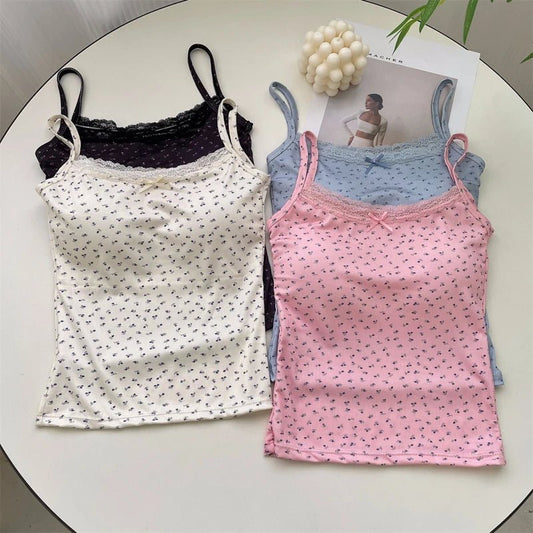 Women Summer Casual Sleeveless Ice Silk Bra Tops Floral Bow Knot Tops With Pad Sweet Lace Vest With Chest Cushion T Shirts 2024 - PratSN