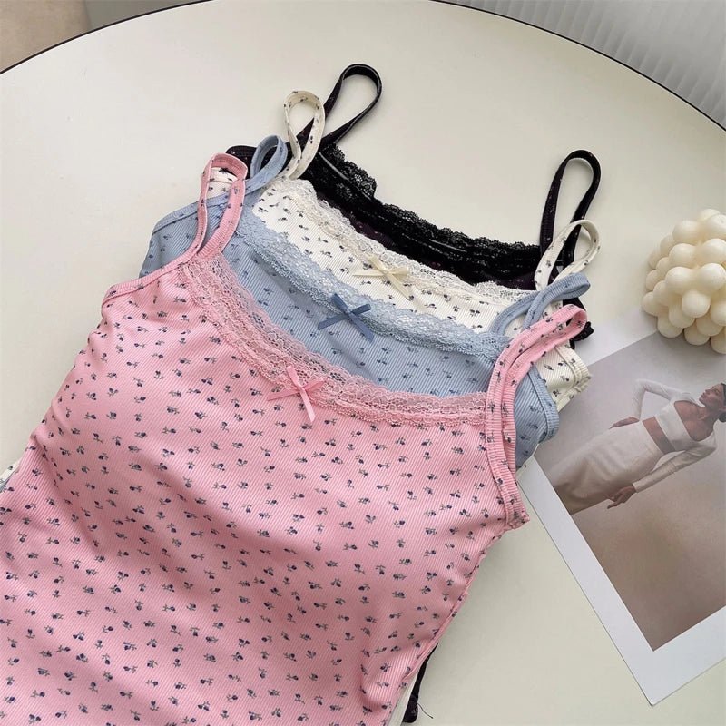 Women Summer Casual Sleeveless Ice Silk Bra Tops Floral Bow Knot Tops With Pad Sweet Lace Vest With Chest Cushion T Shirts 2024 - PratSN