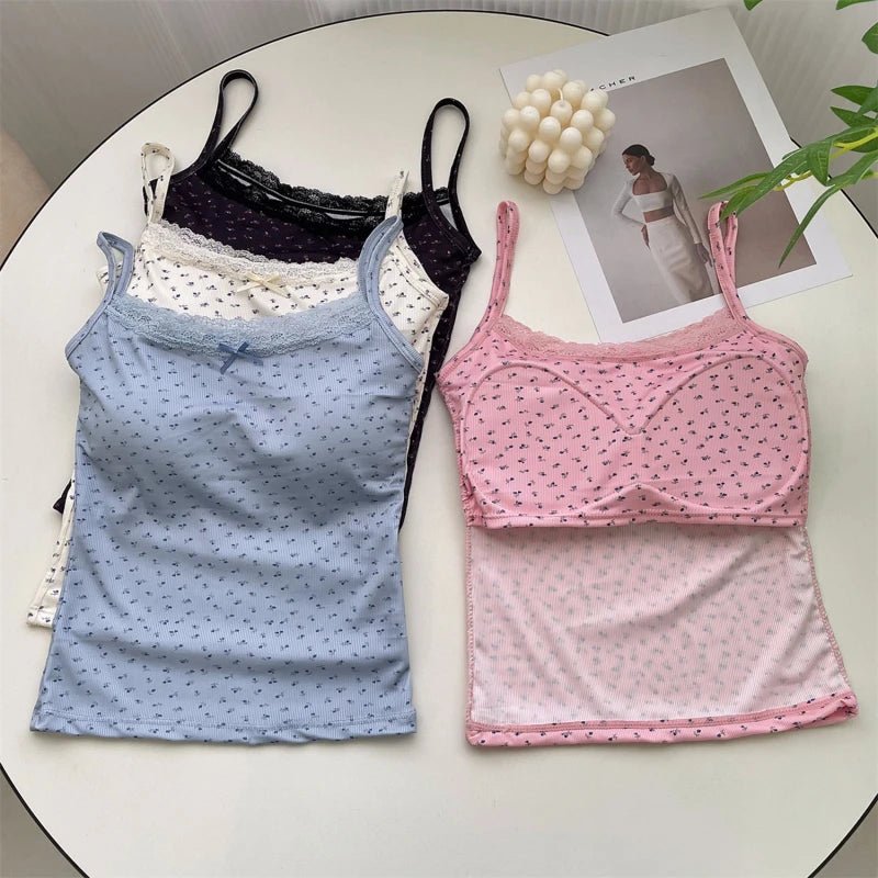 Women Summer Casual Sleeveless Ice Silk Bra Tops Floral Bow Knot Tops With Pad Sweet Lace Vest With Chest Cushion T Shirts 2024 - PratSN