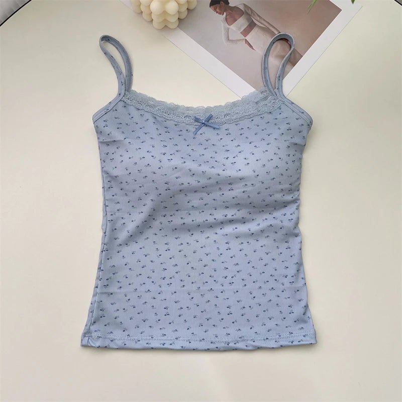 Women Summer Casual Sleeveless Ice Silk Bra Tops Floral Bow Knot Tops With Pad Sweet Lace Vest With Chest Cushion T Shirts 2024 - PratSN