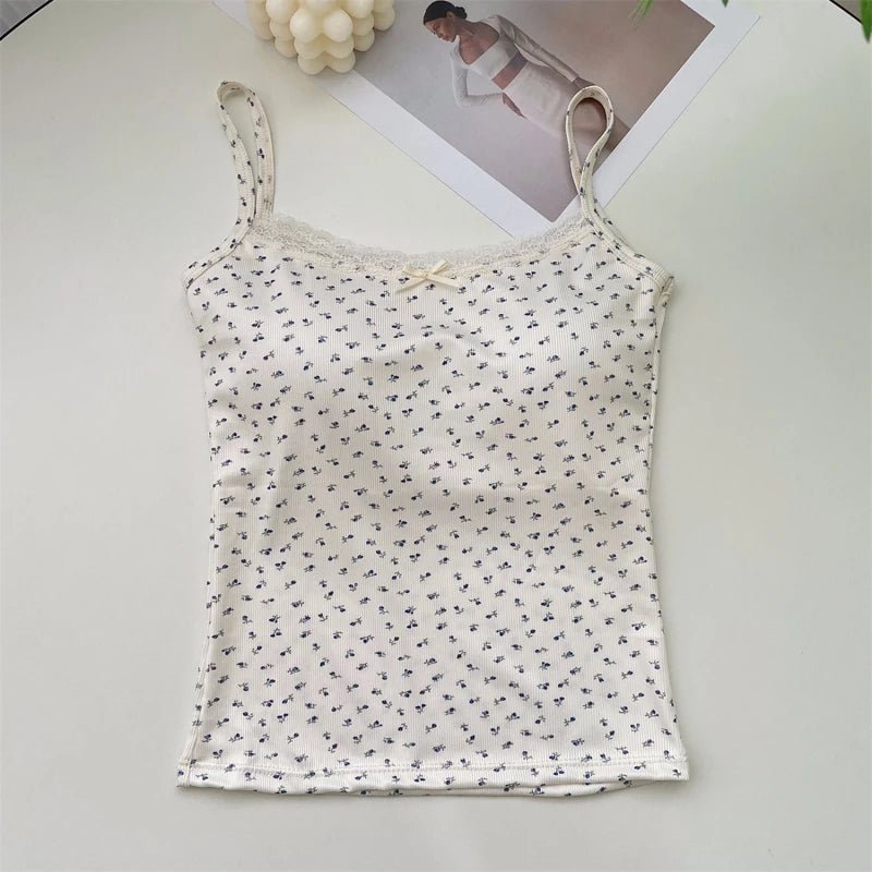 Women Summer Casual Sleeveless Ice Silk Bra Tops Floral Bow Knot Tops With Pad Sweet Lace Vest With Chest Cushion T Shirts 2024 - PratSN