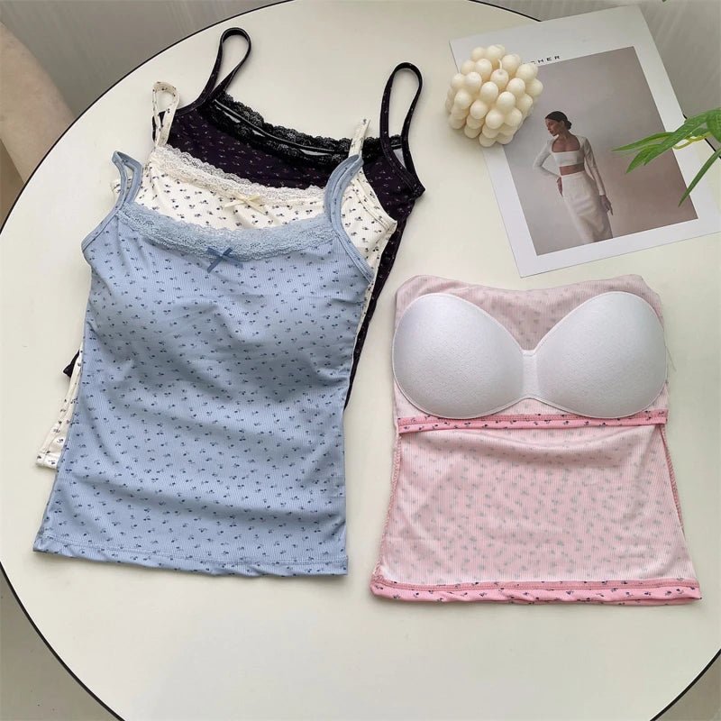 Women Summer Casual Sleeveless Ice Silk Bra Tops Floral Bow Knot Tops With Pad Sweet Lace Vest With Chest Cushion T Shirts 2024 - PratSN
