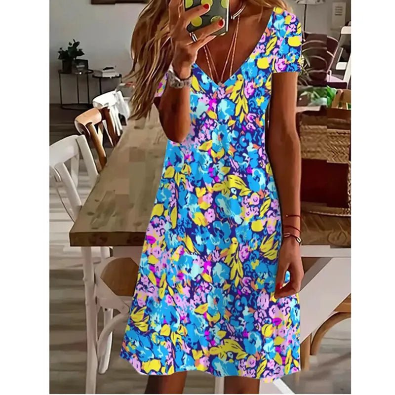 Women Summer Short Sleeve V - Neck Casual Dress 3D Vintage Floral Printed Elegant Knee Length Dress S - 3XL Lady Vestidos - PratSN