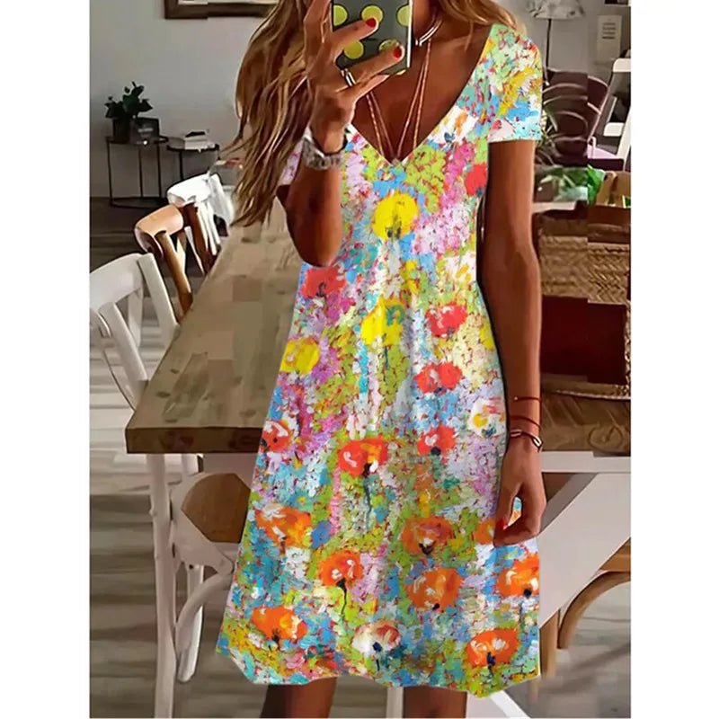 Women Summer Short Sleeve V - Neck Casual Dress 3D Vintage Floral Printed Elegant Knee Length Dress S - 3XL Lady Vestidos - PratSN