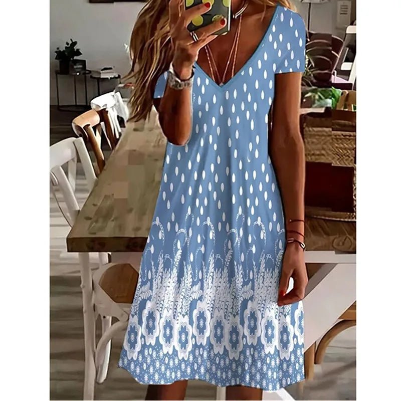 Women Summer Short Sleeve V - Neck Casual Dress 3D Vintage Floral Printed Elegant Knee Length Dress S - 3XL Lady Vestidos - PratSN