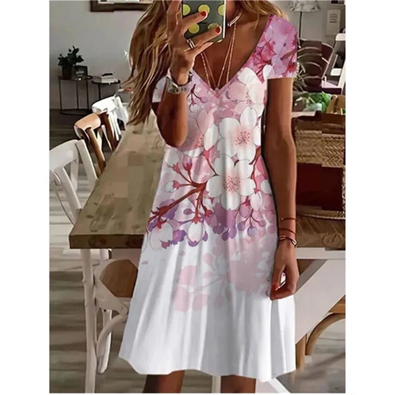 Women Summer Short Sleeve V - Neck Casual Dress 3D Vintage Floral Printed Elegant Knee Length Dress S - 3XL Lady Vestidos - PratSN