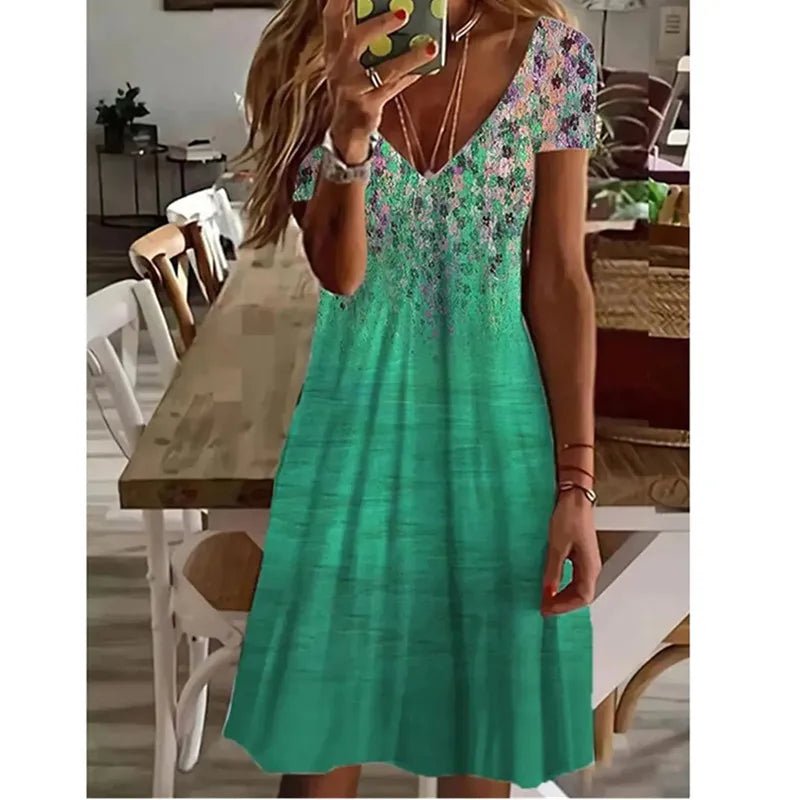 Women Summer Short Sleeve V - Neck Casual Dress 3D Vintage Floral Printed Elegant Knee Length Dress S - 3XL Lady Vestidos - PratSN