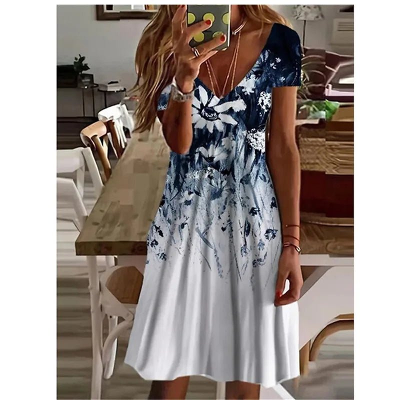 Women Summer Short Sleeve V - Neck Casual Dress 3D Vintage Floral Printed Elegant Knee Length Dress S - 3XL Lady Vestidos - PratSN