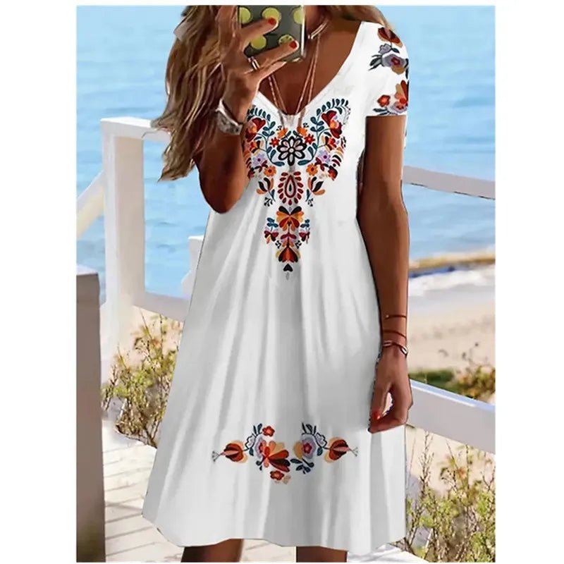 Women Summer Short Sleeve V - Neck Casual Dress 3D Vintage Floral Printed Elegant Knee Length Dress S - 3XL Lady Vestidos - PratSN