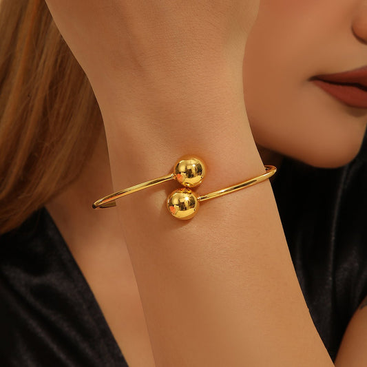 Women's 1pcs Copper Plated 18k Gold Double Headed Bead Opening Bracelet, Gifts, And Daily Wear - PratSN