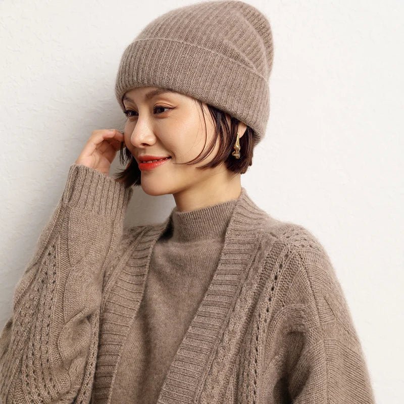 Women's 2025 Autumn Winter Hats 100% Pure Cashmere Knitted Soft Warm Thick Cap High Quality - PratSN