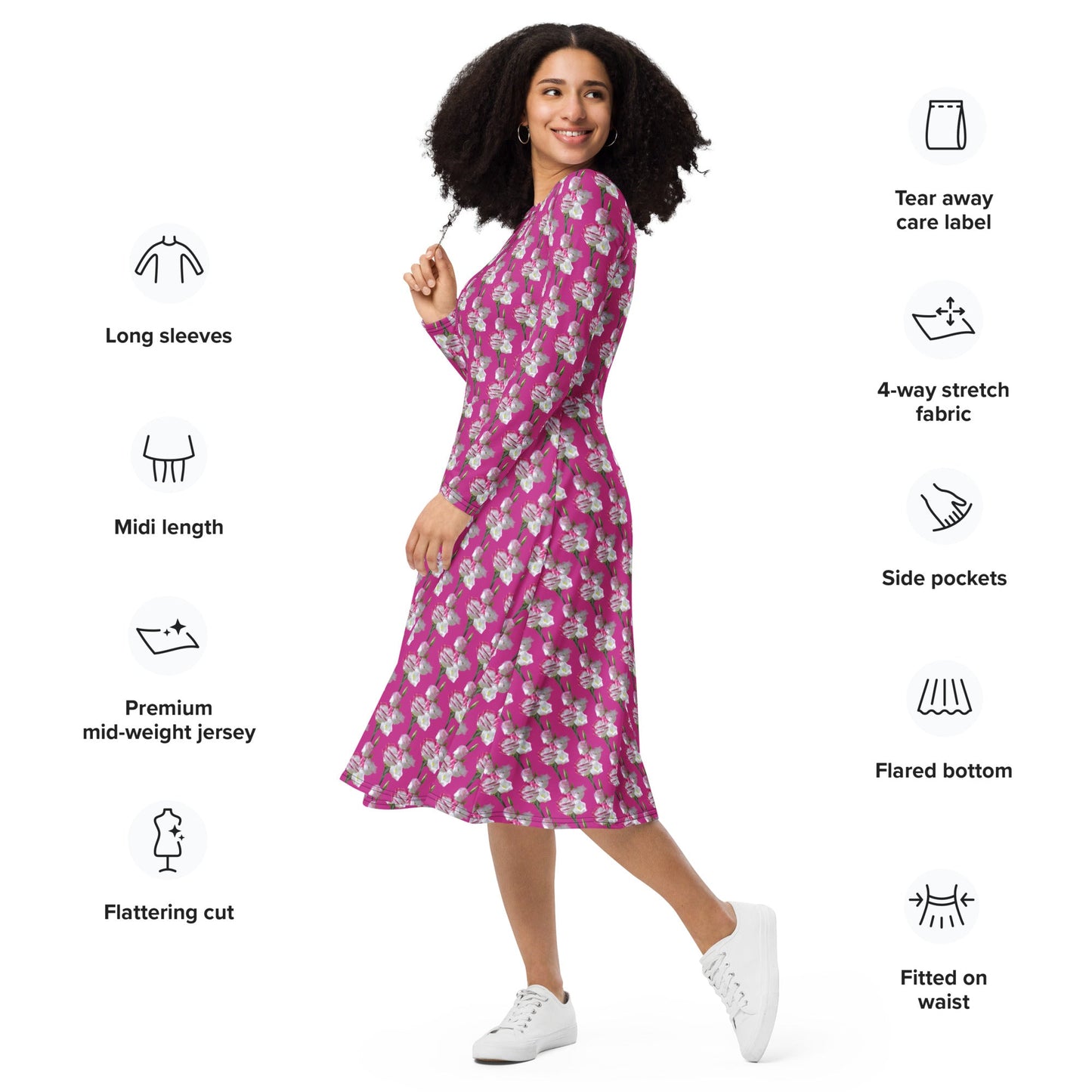 Women's All - over print long sleeve midi dress, Blooming Pattern, Pink and White Floral Summer Dresses - PratSN