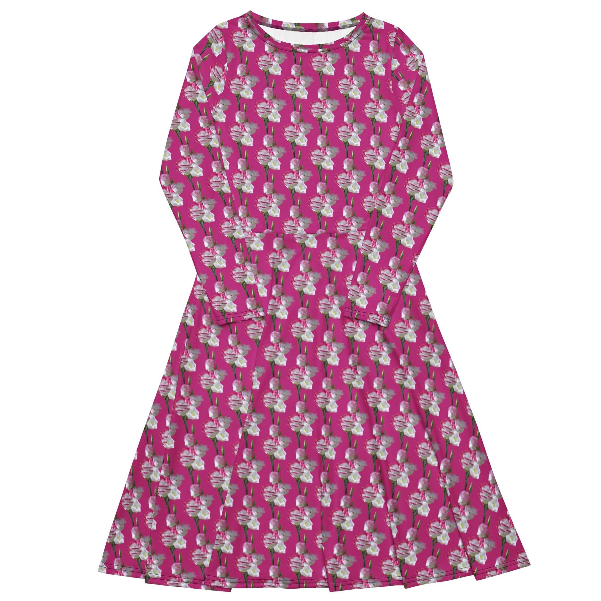Women's All - over print long sleeve midi dress, Blooming Pattern, Pink and White Floral Summer Dresses - PratSN