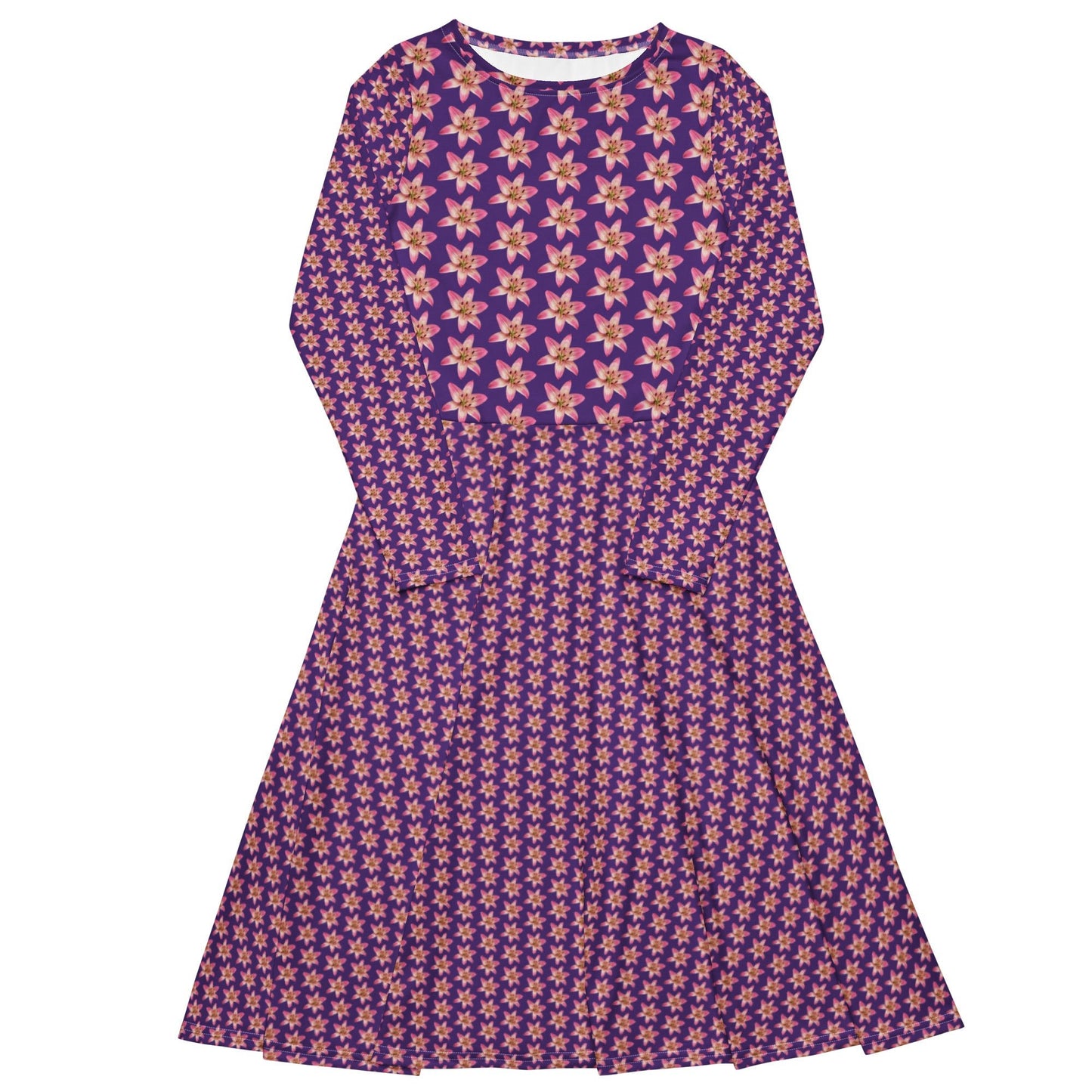 Women's All - over print long sleeve midi Dress, Burgundy blooming Pattern Summer Dresses - PratSN